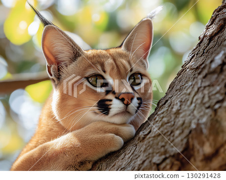 Caracal lynx resting on tree with vibrant fur and alert eyes in a natural setting Caracal lynx resting on tree with vibrant fur and alert eyes in a natural setting 130291428