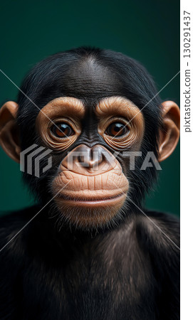 Chimpanzee portrait in jungle highlighting wildlife, primate, and nature features. 130291437