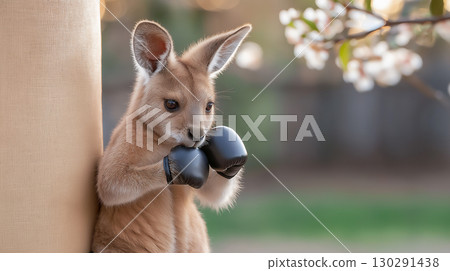 Cute boxing kangaroo outdoors surrounded by nature and wildlife with a focus on spring flowers 130291438