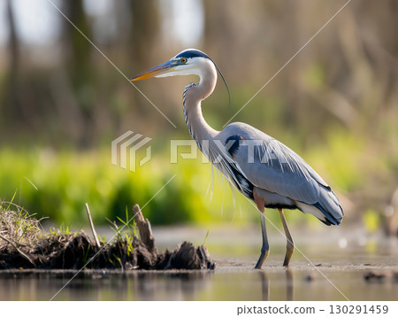 Elegant heron in natural habitat, perfect for wildlife and nature stock photography 130291459