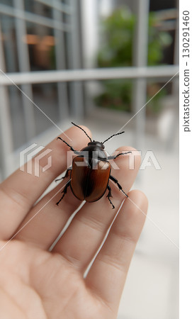 Macro shot of a beetle on a hand in nature showcasing insect detail and natural beauty 130291460