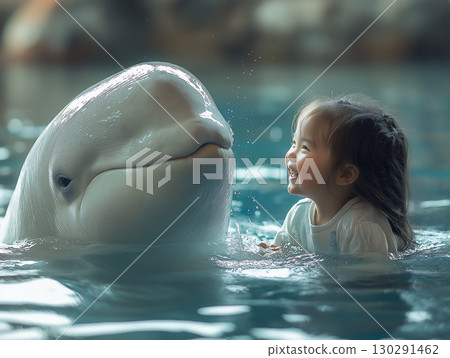 Whale and child share a joyful moment in the ocean with playful interaction and a happy smile 130291462