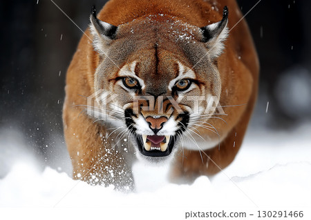 Wildlife image of a puma predator in snow, showcasing nature, animal closeup and winter forest scene Wildlife image of a puma predator in snow, showcasing nature, animal closeup and winter forest scene 130291466