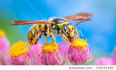 Closeup of a vibrant wasp on a yellow flower showcasing macro insect nature photography Closeup of a vibrant wasp on a yellow flower showcasing macro insect nature photography 130291480