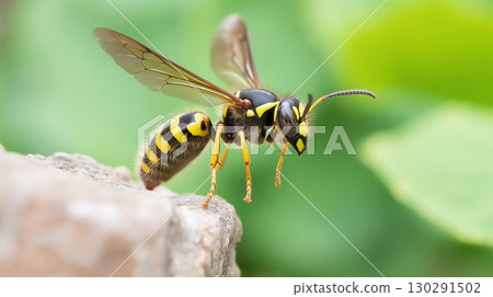 Wasp insect in nature with yellow and black stripes, macro wildlife closeup outdoor winged shot 130291502