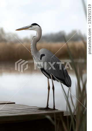 Heron standing gracefully in nature with feathers and wetland backdrop Heron standing gracefully in nature with feathers and wetland backdrop 130291519