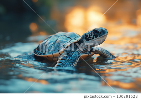 Turtle in water at sunset reflecting serene nature and wildlife with shells and aquatic features 130291528