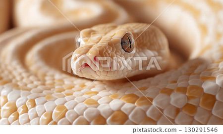 Albino python snake closeup showcasing scales in a coil, reptile beauty and texture. Albino python snake closeup showcasing scales in a coil, reptile beauty and texture. 130291546