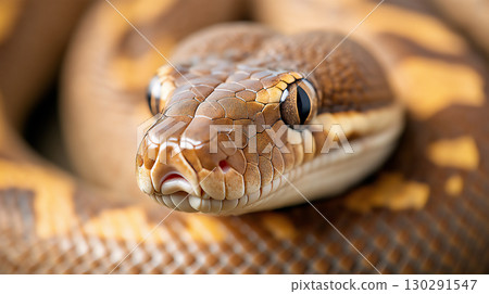 Closeup of a snake featuring scales, patterns, and wildlife in nature, showcasing the python species Closeup of a snake featuring scales, patterns, and wildlife in nature, showcasing the python species 130291547