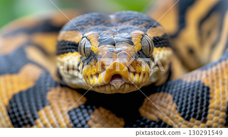 Close-up of a snake with striking scales and pattern, featuring yellow and black colors in nature 130291549
