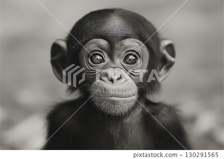 Adorable baby chimpanzee portrait in grayscale tranquil wildlife environment 130291565