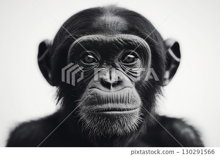 Chimpanzee portrait showcasing primate features and expressive wildlife in black and white photography Chimpanzee portrait showcasing primate features and expressive wildlife in black and white photography 130291566
