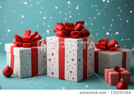 Gifts and Christmas presents wrapped in red ribbons for a festive holiday celebration 130291568