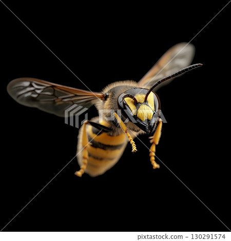 Macro of a wasp insect with yellow stripes and wings in flight, buzzing in natural environment 130291574
