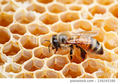 Honeybee on honeycomb in a beehive showing nature and pollination with insect wings Honeybee on honeycomb in a beehive showing nature and pollination with insect wings 130291580