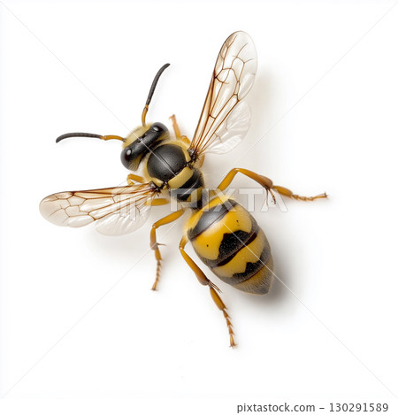 Yellow and black striped insect bee with wings, pollinating in nature macro closeup 130291589