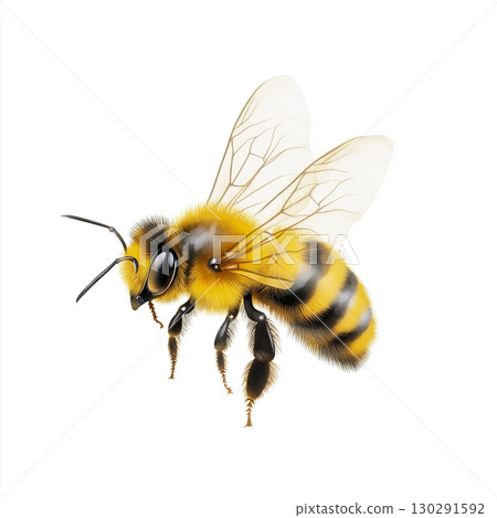 Bee pollination with honey and nature in focus for striped insect wing in yellow flora Bee pollination with honey and nature in focus for striped insect wing in yellow flora 130291592