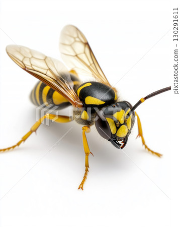 Macro image of a wasp, showcasing its yellow and black striped body, wings, and antenna details Macro image of a wasp, showcasing its yellow and black striped body, wings, and antenna details 130291611