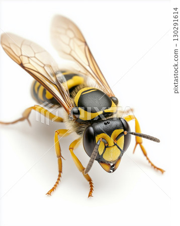 Closeup of a wasp insect with yellow and black striped wings and thorax showing antenna and eye Closeup of a wasp insect with yellow and black striped wings and thorax showing antenna and eye 130291614
