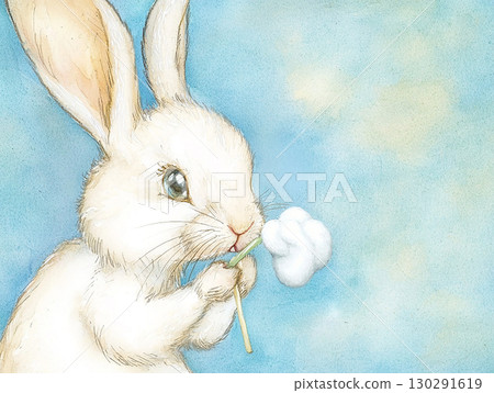 Cute fluffy rabbit holding cotton stick with blue background illustration Cute fluffy rabbit holding cotton stick with blue background illustration 130291619