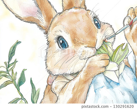 Bunny rabbit wildlife illustration in watercolor art with nature and ears, cute vegetable design 130291620
