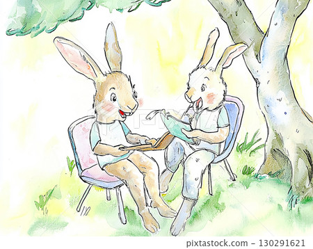 Illustration of Bunnies Reading Outdoors Under a Tree in a Cartoon Style Illustration of Bunnies Reading Outdoors Under a Tree in a Cartoon Style 130291621