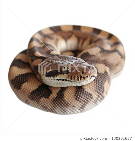 Close-up of a patterned python snake coiling in nature, showcasing its scales and natural habitat 130291637