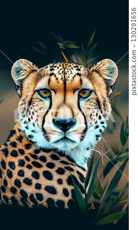 Portrait of a majestic cheetah with spotted fur and intense gaze in natural habitat Portrait of a majestic cheetah with spotted fur and intense gaze in natural habitat 130291656