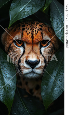 Cheetah wildlife portrait in the jungle with a beautiful spotted predator and green leaves gaze Cheetah wildlife portrait in the jungle with a beautiful spotted predator and green leaves gaze 130291660