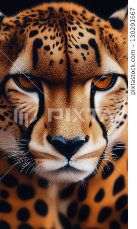 Close-up of cheetah's spotted fur and piercing eyes in wildlife, showcasing speed and camouflage 130291667