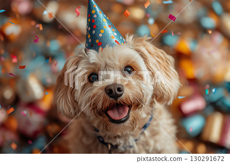 maltese dog at a party celebration with confetti, birthday hat, and a cute smile 130291672