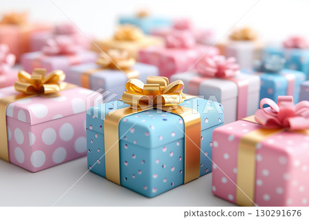 Gift present with ribbon and box for birthday celebration and festive holiday wrapping surprise 130291676