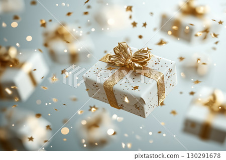 Elegant gift box with gold ribbon and sparkles, perfect for celebrations and festive occasions Elegant gift box with gold ribbon and sparkles, perfect for celebrations and festive occasions 130291678
