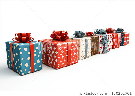 Colorful gift boxes with ribbons create a festive and joyful holiday celebration atmosphere 130291701