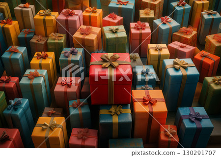 Colorful gift boxes wrapped with ribbon for birthday celebration and holiday surprise 130291707
