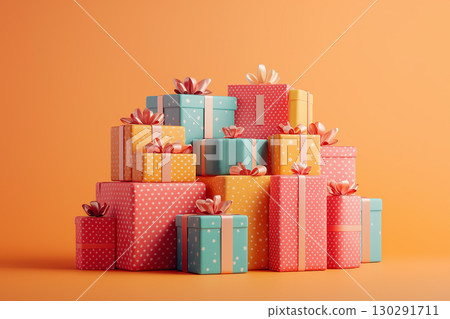 Colorful presents and gifts wrapped in festive paper with ribbons in a stacked arrangement 130291711
