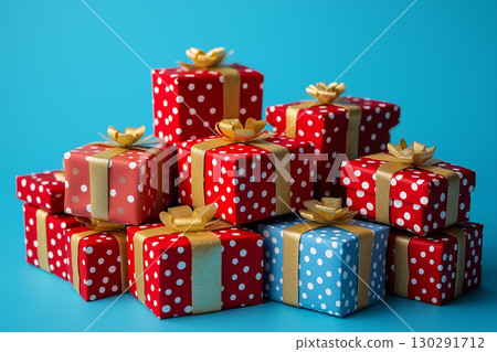 Colorful gifts and presents wrapped in polka dot boxes with ribbons for a festive celebration Colorful gifts and presents wrapped in polka dot boxes with ribbons for a festive celebration 130291712