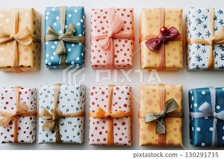 Colorful presents and gifts with bows and patterned wrapping for a festive celebration 130291735