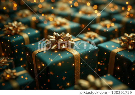 Beautiful gifts wrapped in gold ribbon and sparkle, perfect for festive celebration and parties 130291739