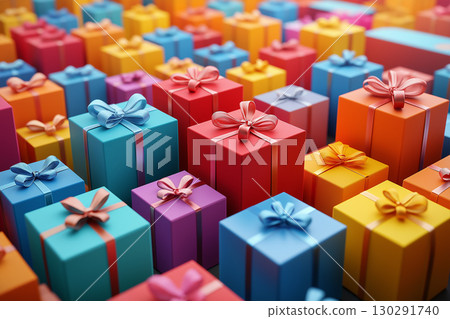 Colorful gifts and presents with ribbons and boxes for festive celebration and surprise decor 130291740