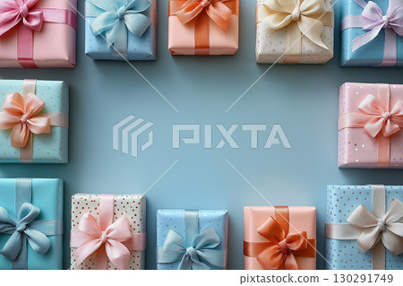 Colorful gifts with ribbons in a neat arrangement, perfect for holiday celebrations and birthdays Colorful gifts with ribbons in a neat arrangement, perfect for holiday celebrations and birthdays 130291749