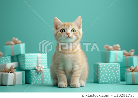 Adorable kitten sitting among presents with gifts and boxes, perfect for celebration and birthday scenes Adorable kitten sitting among presents with gifts and boxes, perfect for celebration and birthday scenes 130291755