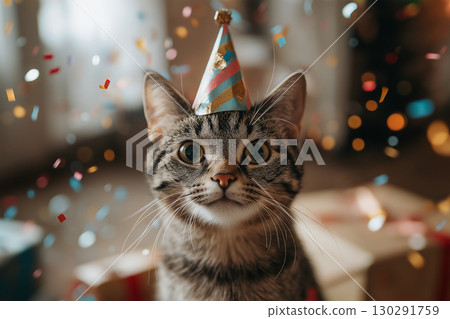 Tabby Cat Celebration: Party with Confetti, Cute Pet Animal in Festive Hat 130291759