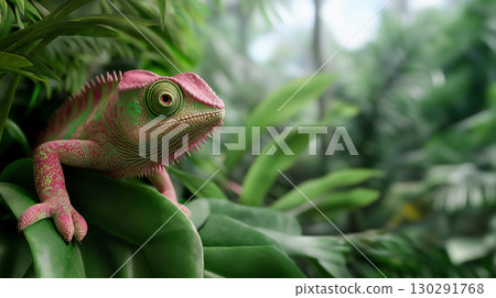 Chameleon blending in nature, a perfect example of camouflage and exotic wildlife in a jungle setting. 130291768