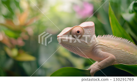 Chameleon reptile amidst nature with lizard and exotic wildlife in lush greenery camouflage 130291769