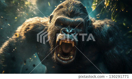 Ferocious gorilla roaring in a wild jungle, showcasing nature's primal strength and majesty 130291771