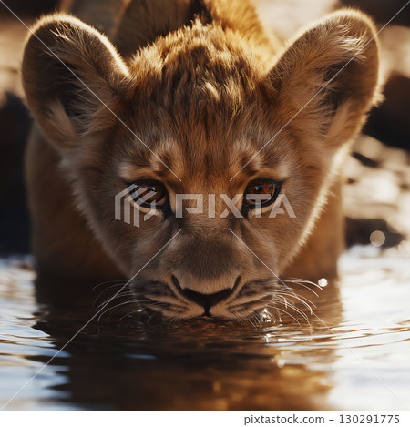Lion cub drinking water, wildlife reflection and nature safari in Africa 130291775