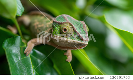Chameleon reptile lizard basking on a green leaf in its natural habitat, showcasing vivid colors 130291793