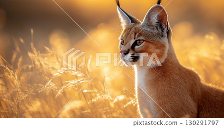 Caracal wildcat in nature, outdoors with golden fur and ears, predator in vibrant sunlight 130291797