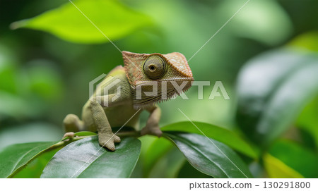 Chameleon reptile blending in nature with green leaves and wildlife camouflage 130291800